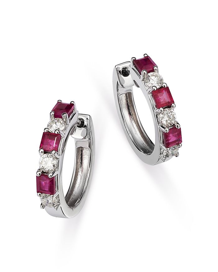 Bloomingdale's - Ruby & Diamond Huggie Hoop Earrings in 14K White Gold - 100% Exclusive