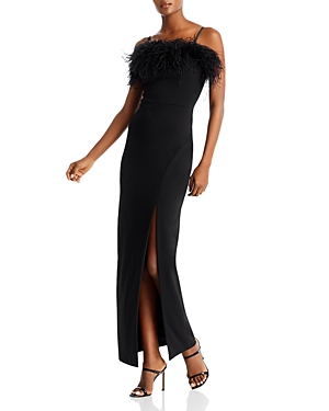 Aqua Feather Embellished Crepe Column Gown - 100% Exclusive In Black
