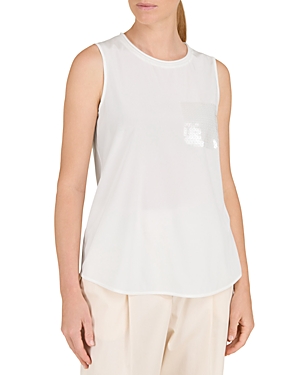 Peserico Sequin Faux Pocket Stretch Silk Sleeveless Top In Natural White