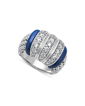 Lagos Sterling Silver Diamond & Ceramic Blue Caviar Ring