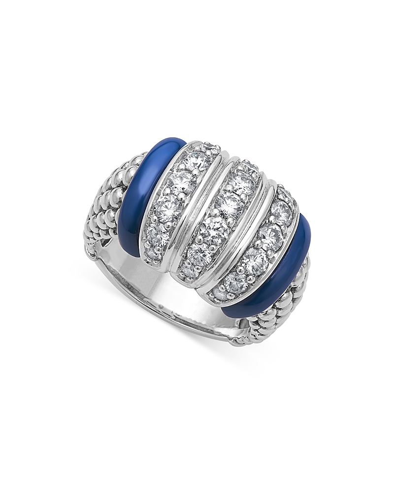 Lagos Sterling Silver Diamond & Ceramic Blue Caviar Ring