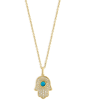 Bloomingdale's Turquoise & Diamond Hamsa Pendant Necklace In 14k Yellow Gold, 16-18 - 100% Exclusive In Blue/gold