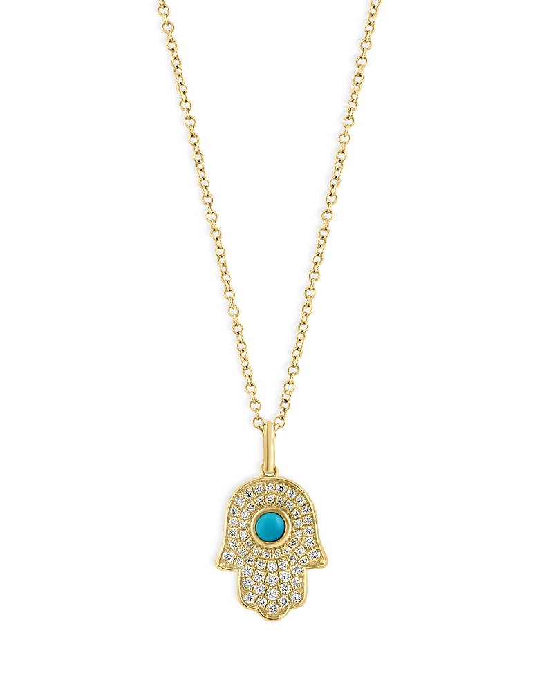 Bloomingdale's Turquoise & Diamond Hamsa Pendant Necklace In 14k Yellow Gold, 16-18 - Exclusive In Blue/gold
