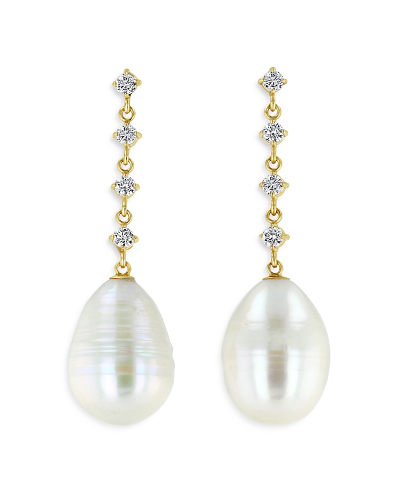 Zoë Chicco 14k Yellow Gold Linked Prong Diamond & Cultured Baroque Pearl Drop Earrings In White/gold