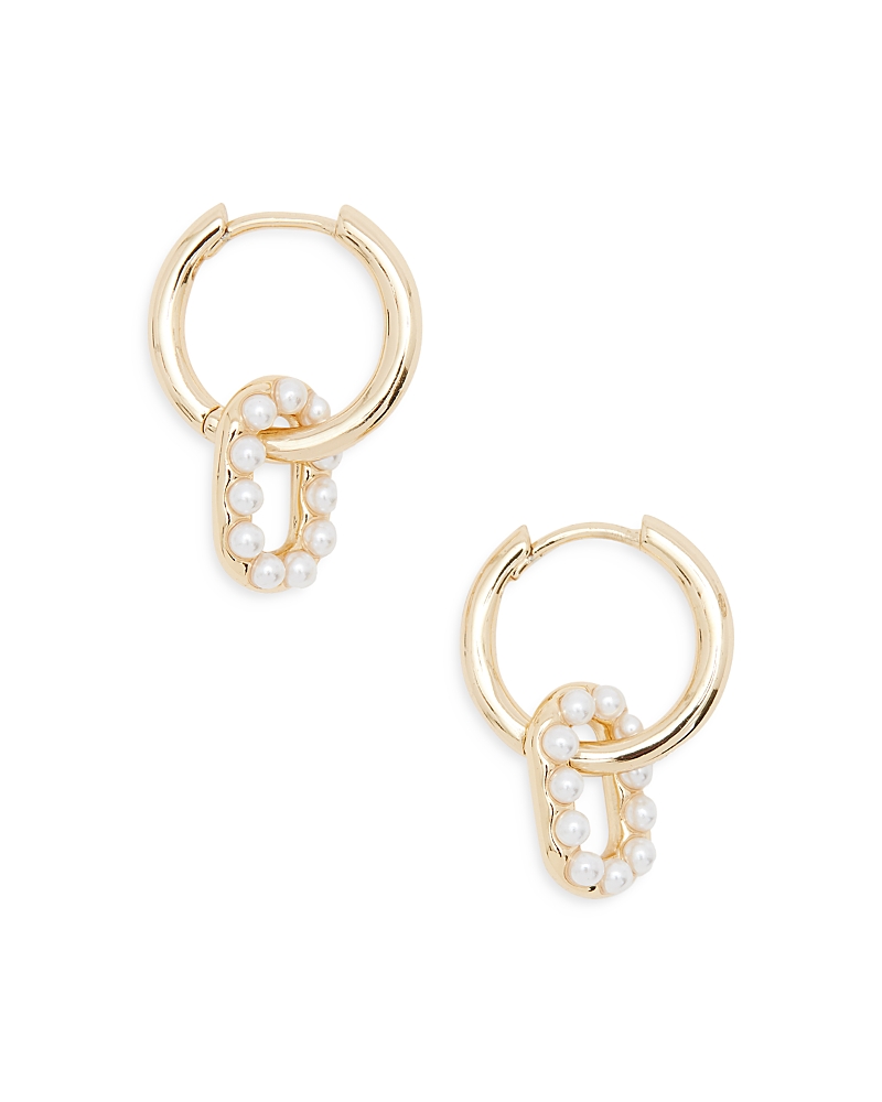Shop Allsaints Imitation Pearl Huggie Earrings In White/gold