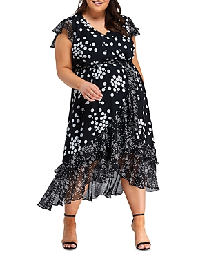 Estelle Plus Adele Faux Wrap Dot Print Dress In Black/milk