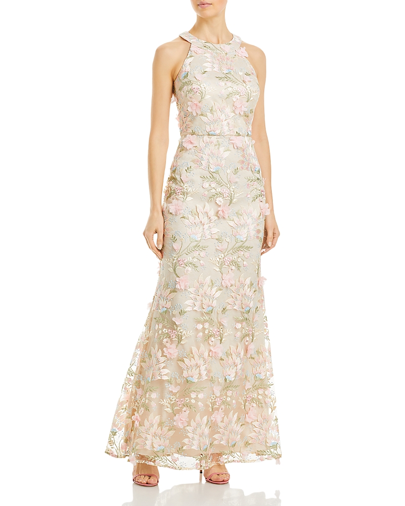 Eliza J Floral 3d Embroidered Halter Neck Gown In Pink Champagne