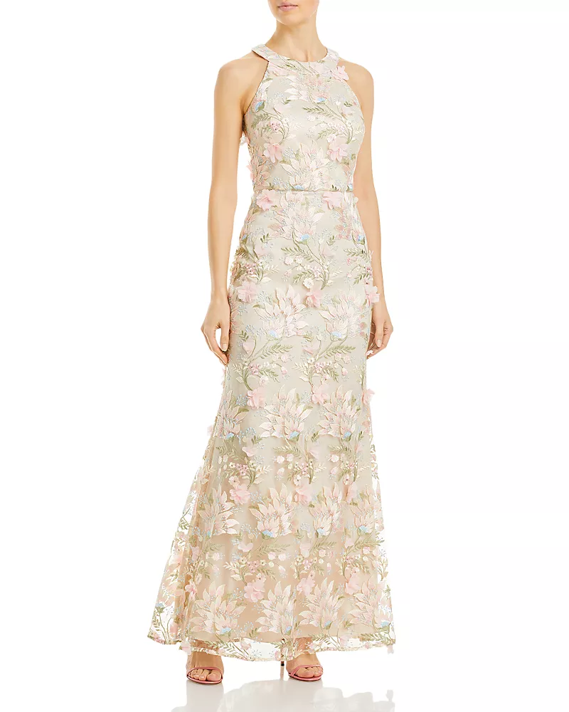 Eliza J Appliqued Embroidered Halter Gown