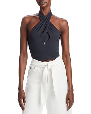 Staud Kai Cropped Halter-neck Cotton Top In Black