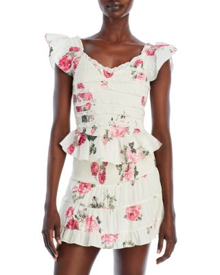 LoveShackFancy - Compass Floral Print Ruffled Smocked Top