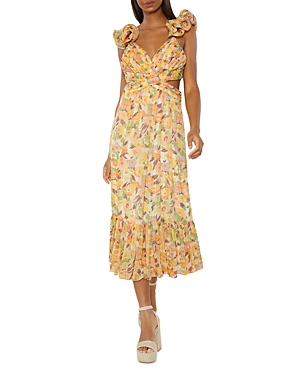 Likely Pria Metallic Floral Print Cutout Midi Dress