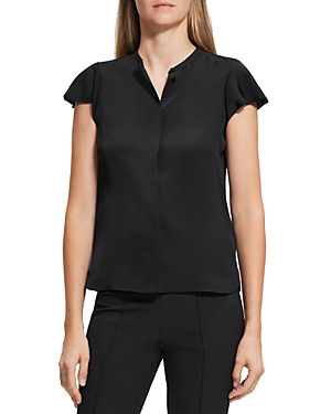 Theory Ruffle-sleeve Silk Button-front Top In Black
