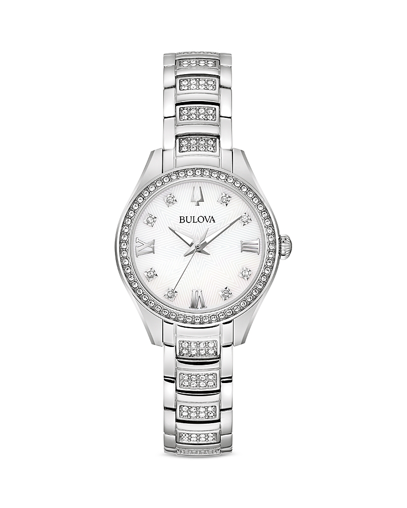 Bulova Crystal Womens Crystal Accent Silver Tone Stainless Steel Bracelet Watch 96l311 In White/silver
