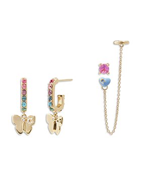 COACH - Butterfly Crystal Huggie Hoop Earrings, Single Stud Earrings, & Chain Ear Cuff, Set of 4
