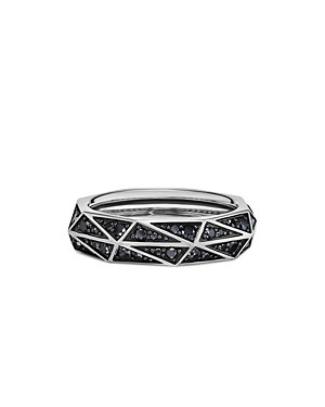 Men's Torqued Faceted Band Ring in Sterling Silver with Pave Black Diamonds