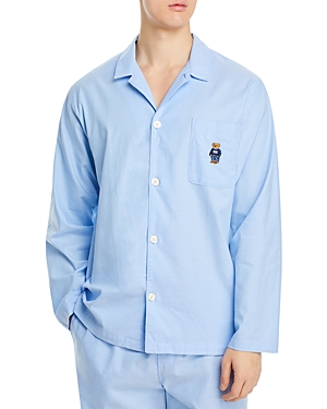 Polo Ralph Lauren Cotton Oxford Embroidered Button Down Pajama Shirt In Austin Blue Oxford/flag Sweater Bear