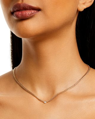 14k Yellow Gold Floating Diamond Small Curb Chain Necklace, 16"