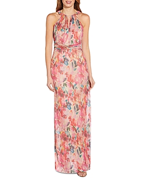 Adrianna Papell Metallic Floral Pleated Gown