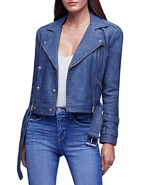 L Agence Billie Belted Leather Moto Jacket In Washed Indigo