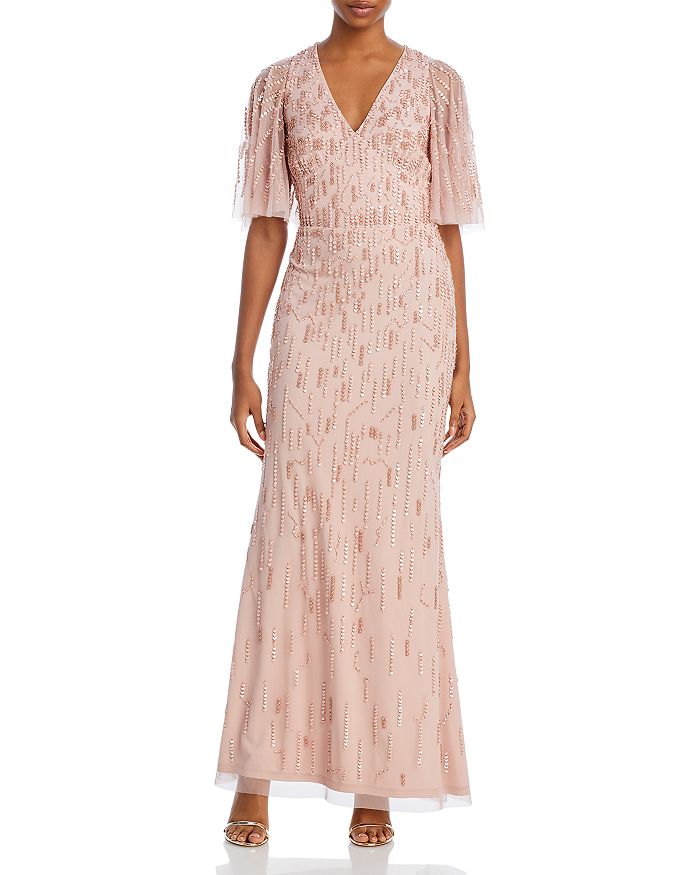 Aidan mattox sequin embroidered ruffle sleeve gown discount