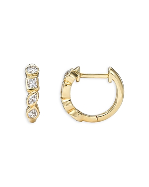 14K Yellow Gold Diamond Multi Cut Bezel Huggie Hoop Earrings