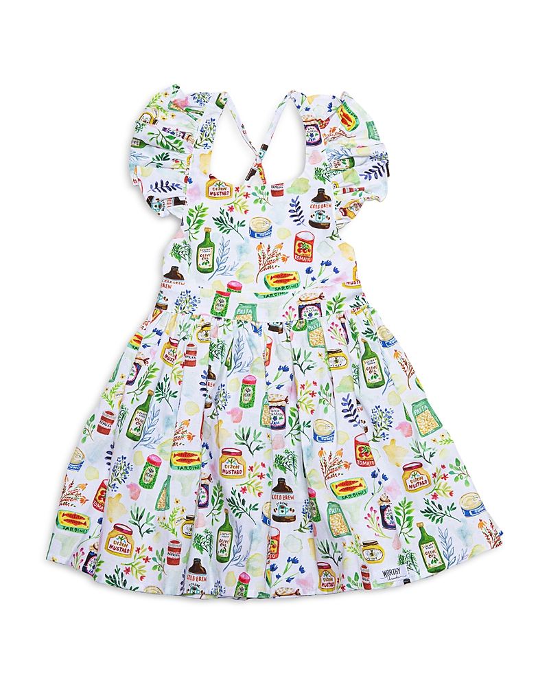 Worthy Threads Girls Ruffle Sleeve Dress In Gourmet Picnic - Little Kid, Big Kid In White Multi