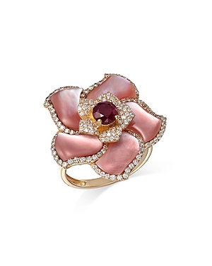 Bloomingdale's Ruby, Mother Of Pearl, & Diamond Flower Ring In 14k Yellow Gold - 100% Exclusive In Pink/gold