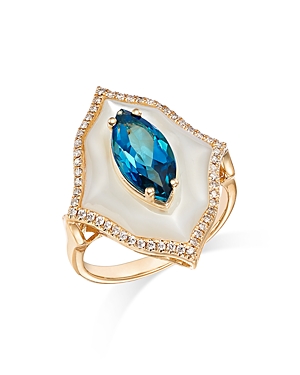 Bloomingdale's London Blue Topaz, Mother Of Pearl, & Diamond Statement Ring In 14k Yellow Gold - 100% Exclusive In Blue/white