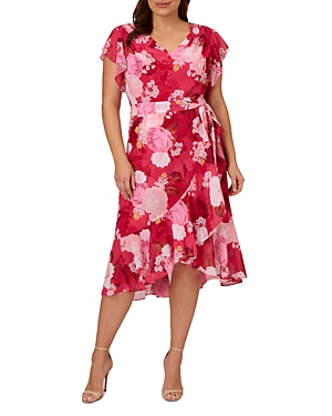 Adrianna Papell Plus Faux Wrap Chiffon Dress In Pink Multi
