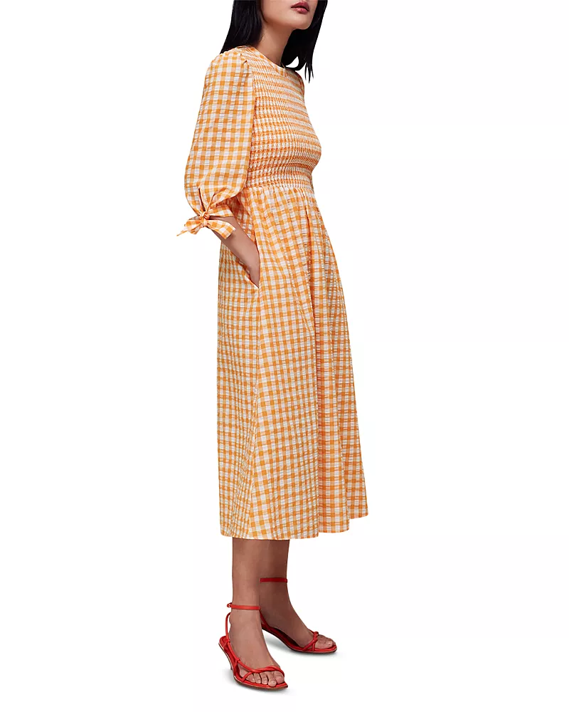 Whistles Gingham Check Shirred Midi Dress