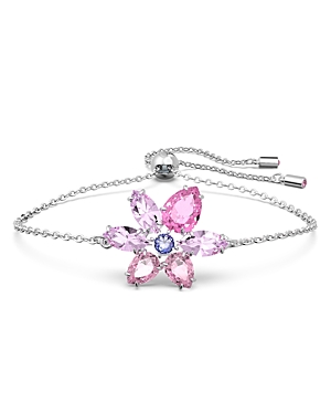 Shop Swarovski Gema Multicolor Crystal Flower Slider Bracelet In Rhodium Plated In Pink/silver