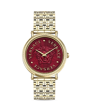 Versace V-dollar Bracelet Watch With Red Guilloche Dial In Gold