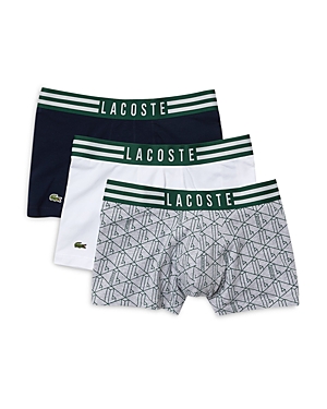 Shop Lacoste Cotton Stretch Striped Logo Waistband Trunks, Pack Of 3 In Silver