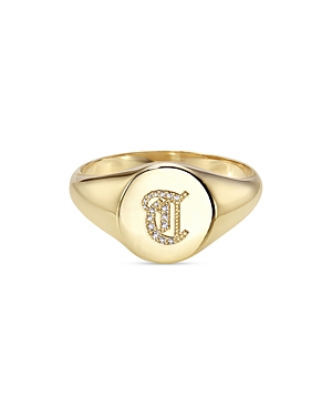 Zoe Lev 14k Yellow Gold Diamond Gothic Initial Small Signet Ring In T