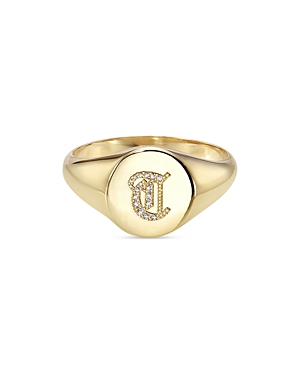 Zoe Lev 14k Yellow Gold Diamond Gothic Initial Small Signet Ring