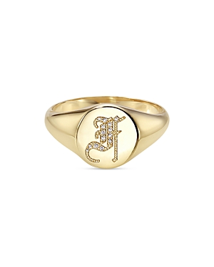 Zoe Lev 14k Yellow Gold Diamond Gothic Initial Small Signet Ring In F