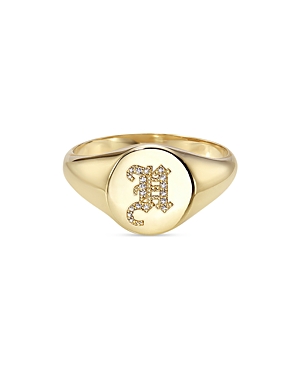 Zoe Lev 14k Yellow Gold Diamond Gothic Initial Small Signet Ring In H