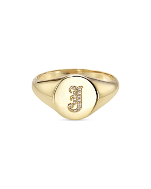 Zoe Lev 14k Yellow Gold Diamond Gothic Initial Small Signet Ring In J