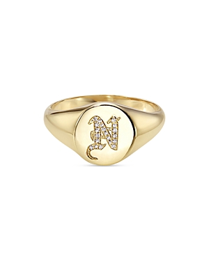 14K Yellow Gold Diamond Gothic Initial Small Signet Ring