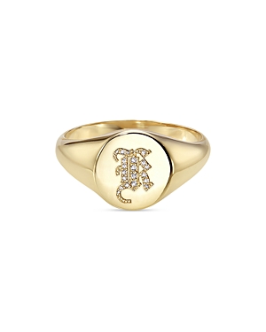 14K Yellow Gold Diamond Gothic Initial Small Signet Ring