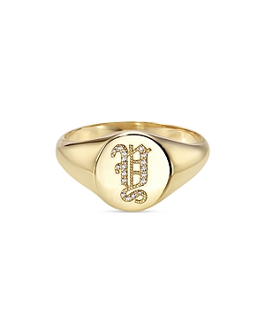 Zoe Lev 14k Yellow Gold Diamond Gothic Initial Small Signet Ring