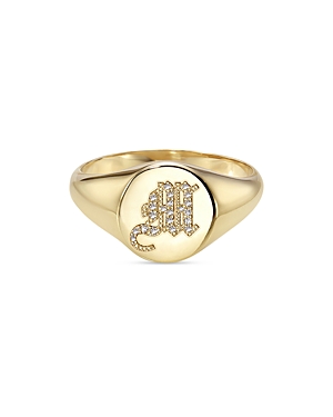 Zoe Lev 14k Yellow Gold Diamond Gothic Initial Small Signet Ring