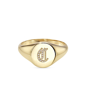 Zoe Lev 14k Yellow Gold Diamond Gothic Initial Small Signet Ring In C