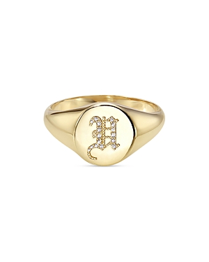 Zoe Lev 14k Yellow Gold Diamond Gothic Initial Small Signet Ring In U