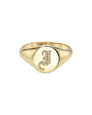 Zoe Lev 14k Yellow Gold Diamond Gothic Initial Small Signet Ring