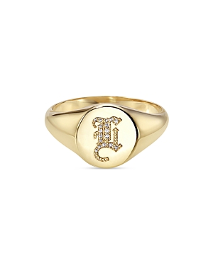 Zoe Lev 14k Yellow Gold Diamond Gothic Initial Small Signet Ring