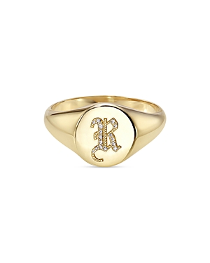 Zoe Lev 14k Yellow Gold Diamond Gothic Initial Small Signet Ring