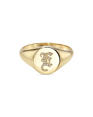 Zoe Lev 14k Yellow Gold Diamond Gothic Initial Small Signet Ring In E