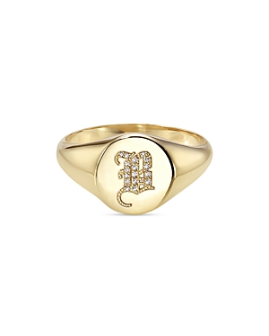 Zoe Lev 14k Yellow Gold Diamond Gothic Initial Small Signet Ring In B