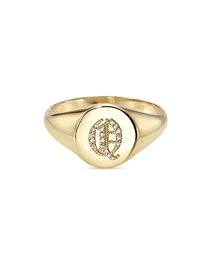 Zoe Lev 14k Yellow Gold Diamond Gothic Initial Small Signet Ring In Q